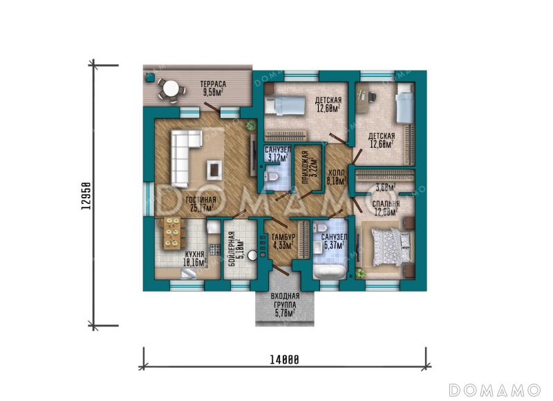 Проект квадратного одноэтажного дома с отделкой декоративной штукатуркой, террасой под общей вальмовой крышей и большой совмещенной кухней-гостиной / План 1 этажа