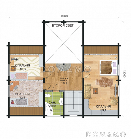 Проект деревянного дома из клееного бруса с большим эркером который является архитектурным украшением всего дома / План мансардного этажа