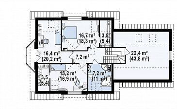 Проект одноэтажного мансардного дома из газобетона с кабинетом, эркером, балконом над ним и гаражом на два автомобиля / План мансардного этажа