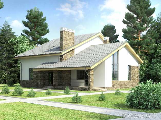 Проект дома с мансардными окнами, вторым светом, вытянутой крытой террасой, объединенной кухней-гостиной