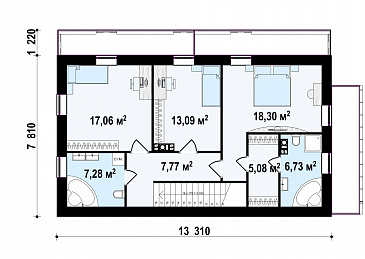 Проект двухэтажного дома из газобетона с двухскатной крышей с четырьмя комнатами и длинным общим балконом / План 2 этажа