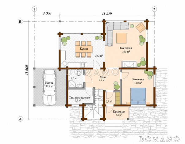 Проект двухэтажного дома из клееного бруса с навесом для авто / План 1 этажа
