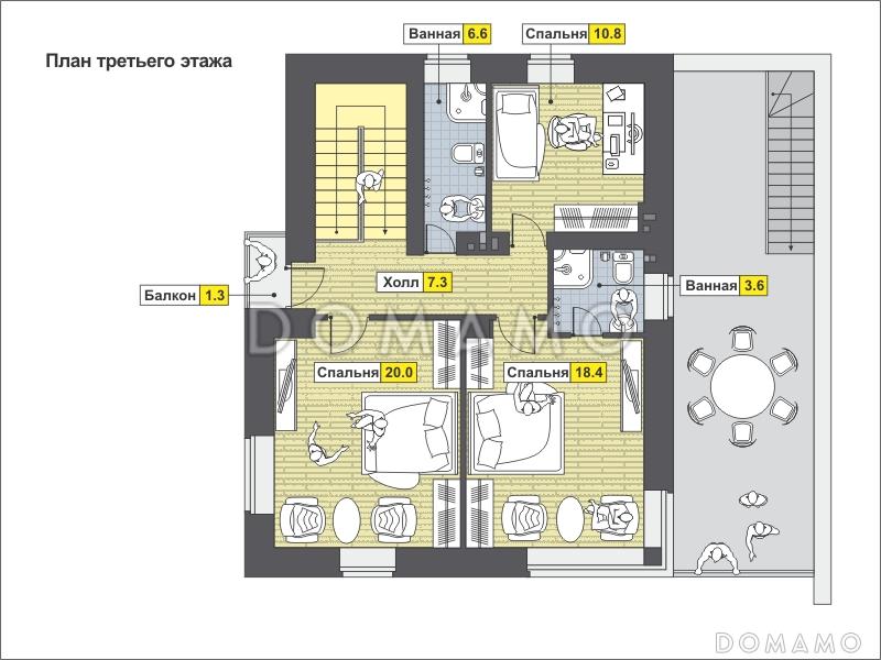 Проект загородного дома с навесом на две машины, крытой террасой, техническими помещениями на первом этаже / План 3 этажа