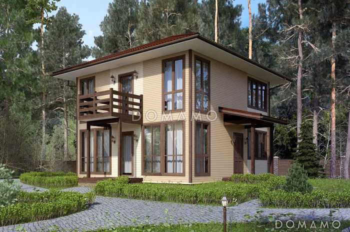 Проект двухэтажного дома из клееного бруса с окнами в пол