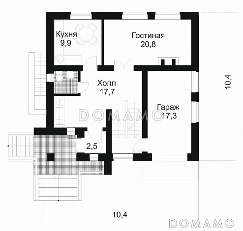 Проект дома из кирпича с небольшой кухней / План 1 этажа