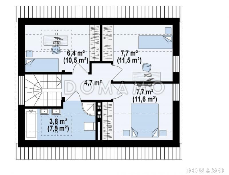 Проект компактного одноэтажного мансардного дома из газобетона с дополнительной спальней на первом этаже и тремя спальнями на мансарде / План мансардного этажа