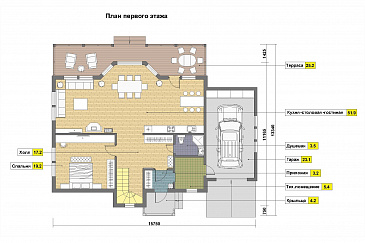 Проект каркасного дома с эркером и гаражом для одной машины / План 1 этажа