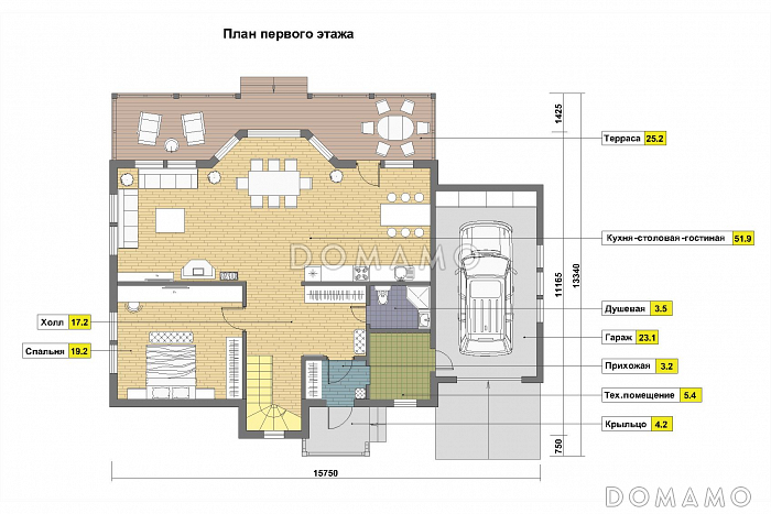 Проект каркасного дома с эркером и гаражом для одной машины / План 1 этажа