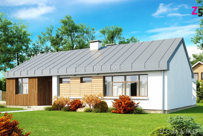 Проект одноэтажного загородного дома с просторной кладовой на кухне, террасой, ванной с окном