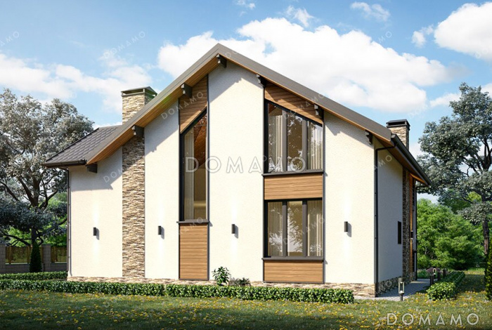 Проект дома с 4 спальнями, высокими окнами и крытой террасой