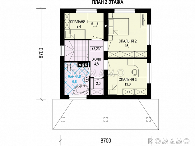 Проект загородного дома с комнатой на первом этаже, санузлом под лестницей, террасой / План 2 этажа