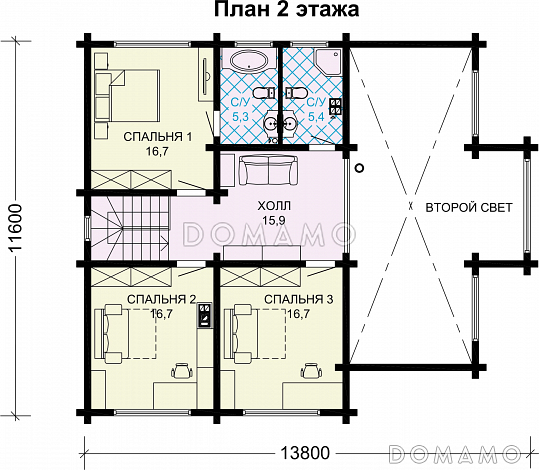 Проект деревянного дома с 4 спальнями и вторым светом в гостиной-столовой / План мансардного этажа