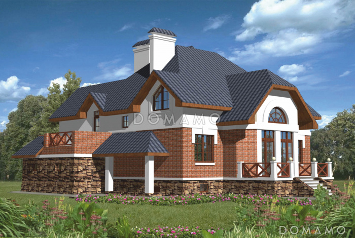 Проект дома из кирпича с эркером и гаражом на 2 машины