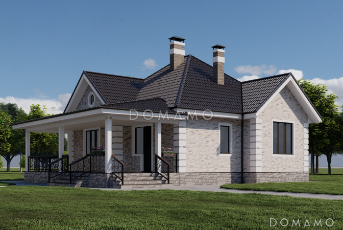 Проект одноэтажного каркасного дома с мастер-спальней и крытой террасой