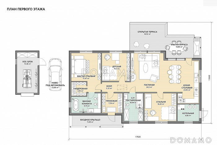 Проект каркасного дома с 3 спальнями, террасой и отдельным хозблоком / План 1 этажа