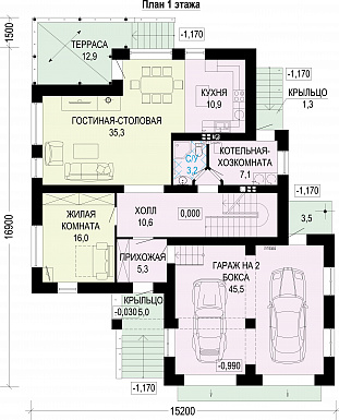 Проект двухэтажного дома из газобетона с подвалом и гаражом на два машиноместа / План 1 этажа