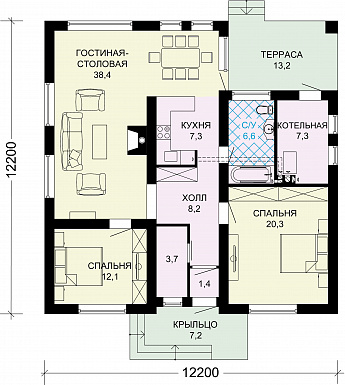Проект одноэтажного дома в современном стиле с двумя спальнями / План 1 этажа