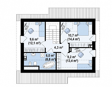 Проект компактного одноэтажного мансардного дома из кирпича с кабинетом и тремя спальнями / План мансардного этажа