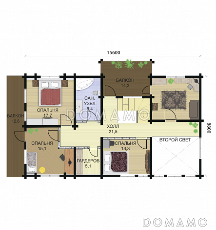 Проект двухэтажного дома из клееного бруса со вторым светом над кухней и просторной гостиной / План мансардного этажа