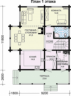 Проект дома из бруса с 4 спальнями, террасой, балконом и вторым светом / План 1 этажа