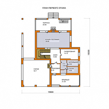 Проект дома из кирпича с экономичной двускатной крышей и навесом для автомобиля / План 1 этажа