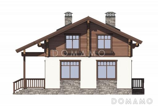 Проект дома с террасой, двумя спальнями на первом этаже, гостиной с кухней-столовой / Фасад 1