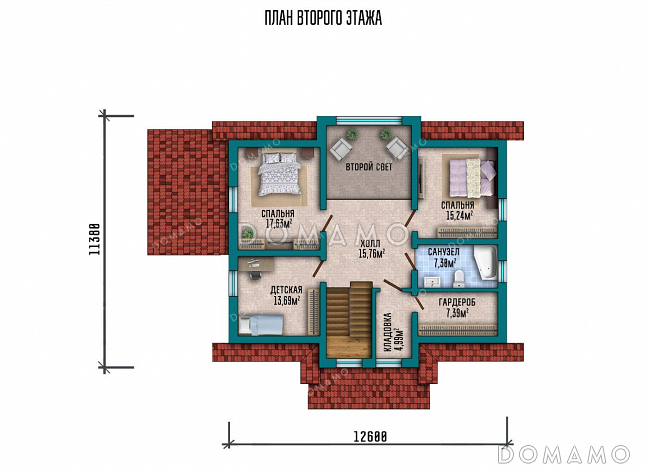 Проект одноэтажного дома с мансардой, террасой и тремя спальнями / План мансардного этажа