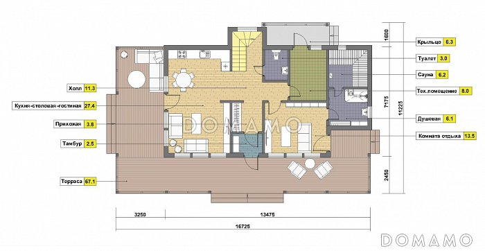 Проект дома из пеноблоков с угловой террасой и просторным балконом на мансардном этаже / План 1 этажа