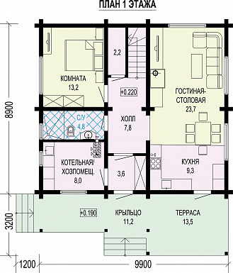 Проект загородного дома с террасой, комнатой на первом этаже, кладовой под лестницей, балконом / План 1 этажа