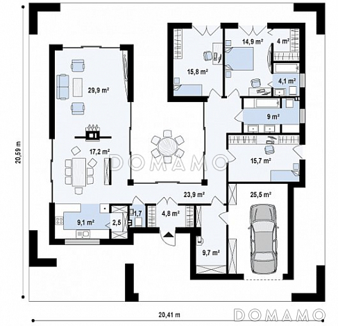 Проект современного одноэтажного дома из газобетона с тремя спальнями, гаражом и внутренним двориком / План 1 этажа