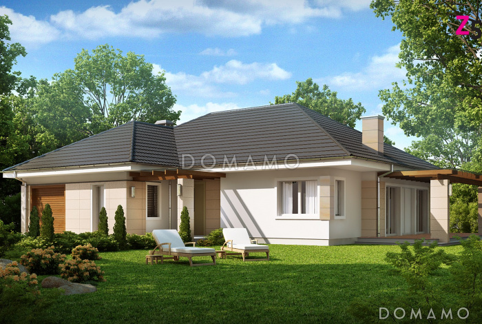 Проект одноэтажного дома из кирпича со свободной планировкой на мансардном этаже и гаражом для одного автомобиля