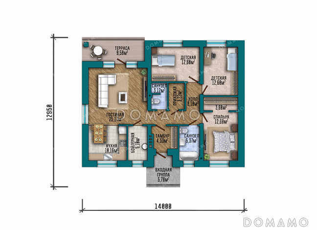 Проект дома из газобетона с тремя спальнями, двумя санузлами и небольшой террасой / План 1 этажа