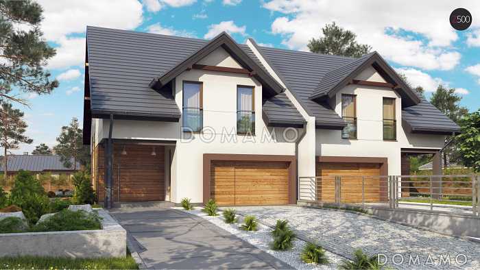 Проект мансардных домов-близнецов из кирпича с гаражом и французскими балконами