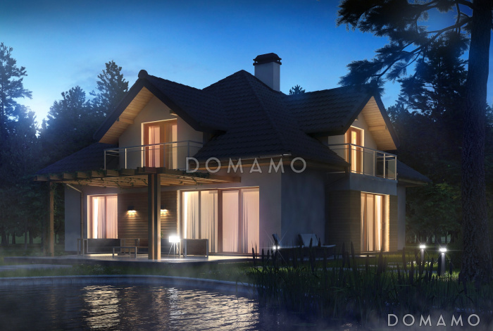 Проект классического одноэтажного мансардного дома из кирпича с дополнительными спальнями на первом этаже и мансардном, с тремя балконами и гаражом на два автомобиля