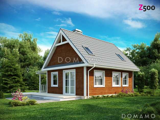 Проект компактного одноэтажного мансардного дома из кирпича с тремя спальнями и фронтальной террасой