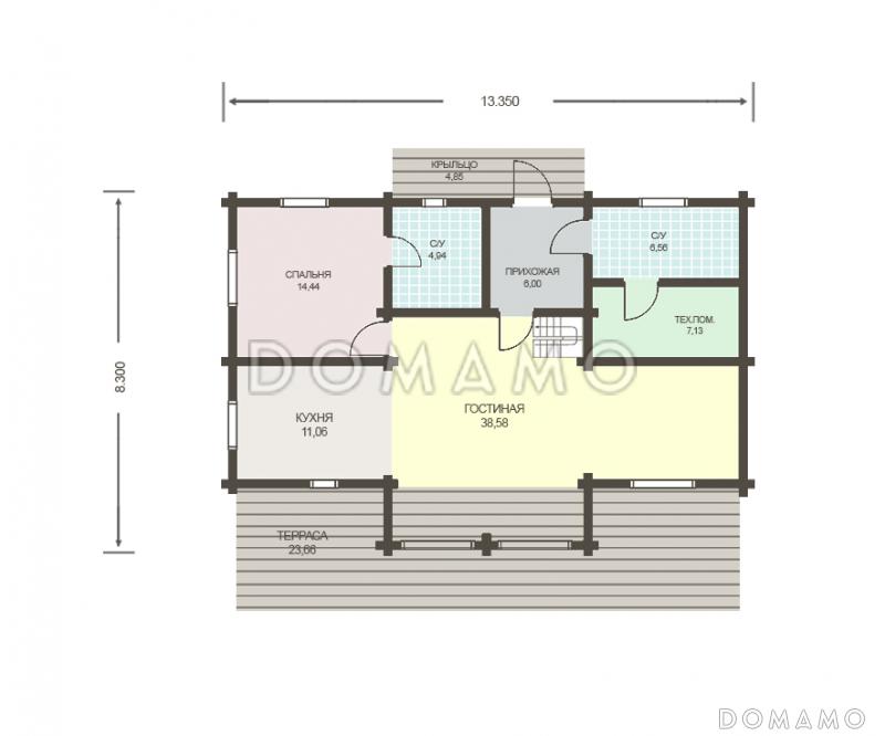 Проект двухэтажного дома из клееного бруса общей площадью более 200 м. кв. / План 1 этажа