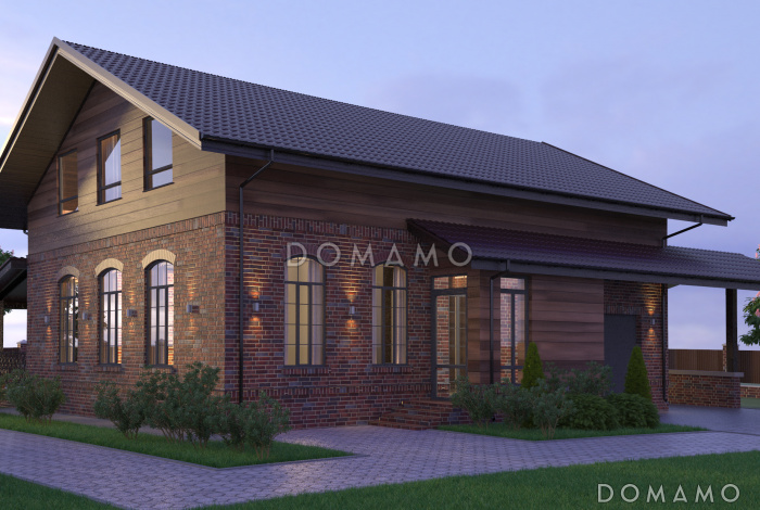 Проект яркого классического дома из СИП панелей с мансардой, террасой, гаражом и навесом для автомобиля