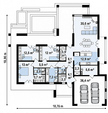 Проект современного одноэтажного углового дома из газобетона с плоской крышей, барбекю на террасе и двухместным гаражом  / План 1 этажа
