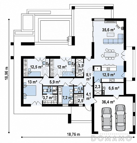 Проект современного одноэтажного углового дома из газобетона с плоской крышей, барбекю на террасе и двухместным гаражом  / План 1 этажа