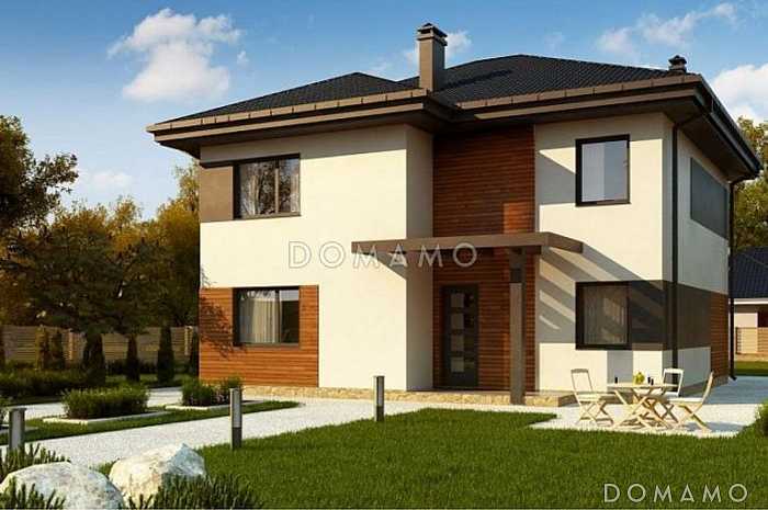 Проект двухэтажного дома с балконом, кабинетом и спальней на первом этаже, тремя спальными комнатами на втором