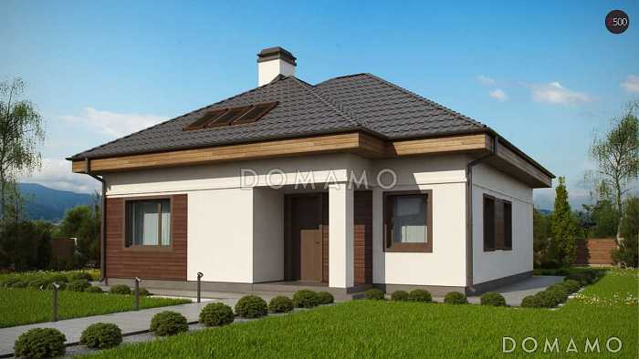 Проект одноэтажного дома из кирпича с двумя спальнями и крытой террасой с жилой мансардой