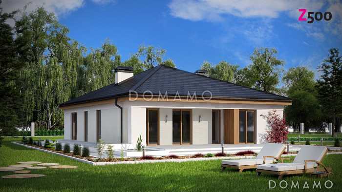 Проект квадратного одноэтажного дома из кирпича с четырьмя комнатами и гаражом для большой семьи