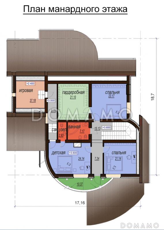 Проект одноэтажного дома с мансардным и цокольным этажами, с бассейном и зимним садом / План мансардного этажа