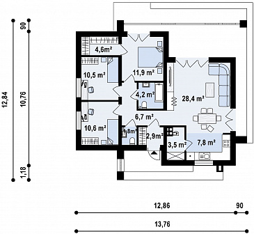 Проект компактного одноэтажного дома из газобетона с плоской крышей, с тремя спальнями и угловой крытой террасой / План 1 этажа