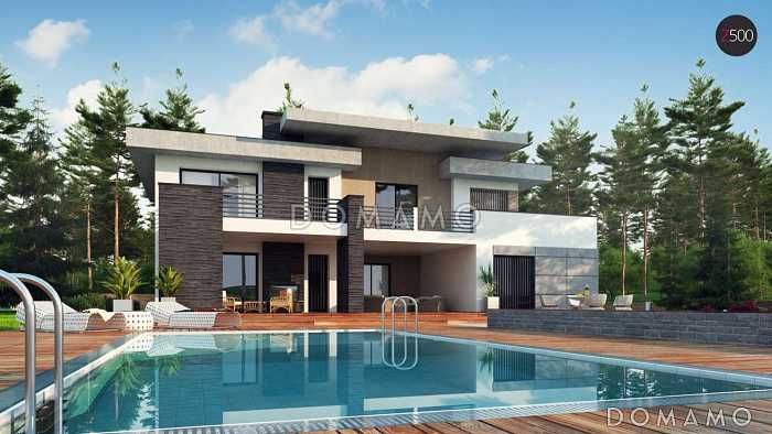 Проект современного просторного двухэтажного дома из газобетона с гаражом и просторными террасами на обоих уровнях