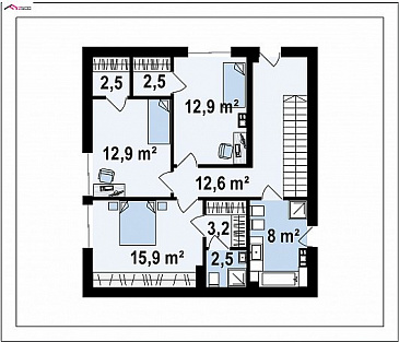 Проект современного двухэтажного дома из кирпича с подземным гаражом и террасой на втором этаже по периметру дома / План 2 этажа