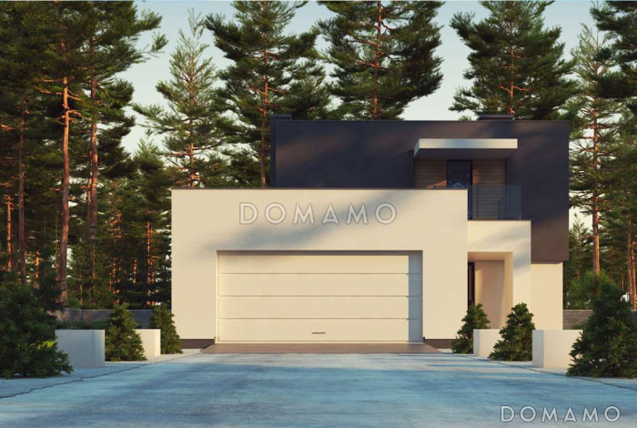 Проект современного двухэтажного дома из газобетона в стиле кубизм с пристроенным гаражом для двух автомобилей 