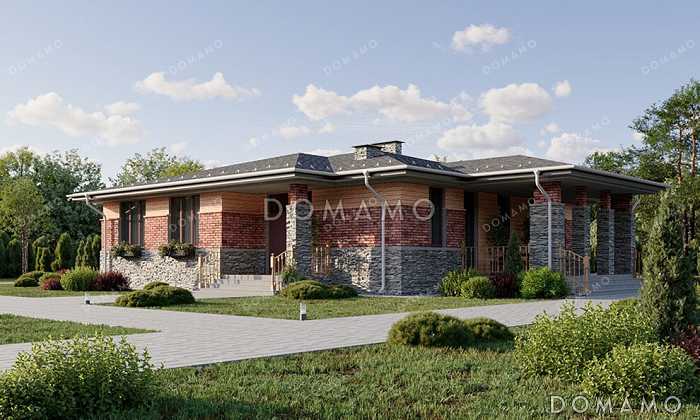 Проект одноэтажного дома средних размеров с 4 спальнями и небольшой террасой