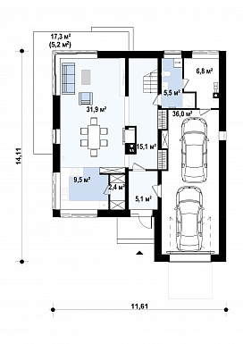 Проект двухэтажного дома из газобетона с четырьмя спальнями и удлинённым двухместным гаражом / План 1 этажа