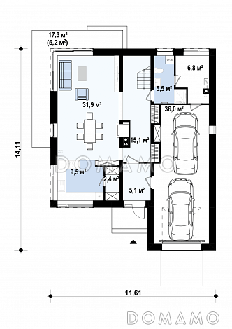 Проект двухэтажного дома из газобетона с четырьмя спальнями и удлинённым двухместным гаражом / План 1 этажа